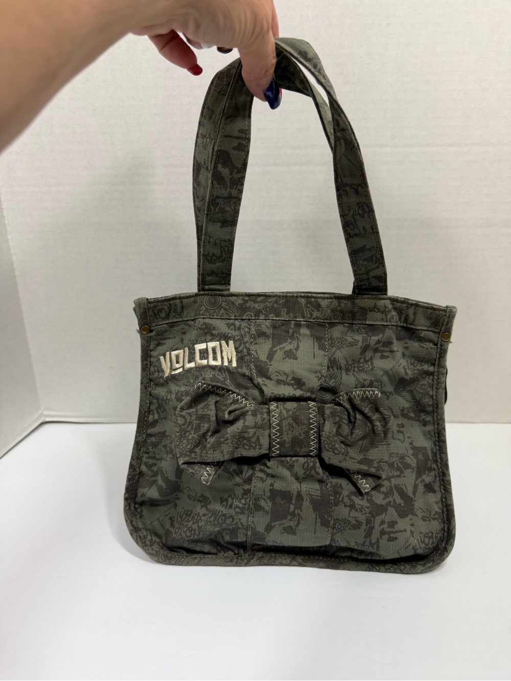 Volcom Olive Green Canvas Shoulder Tote with Front Bow